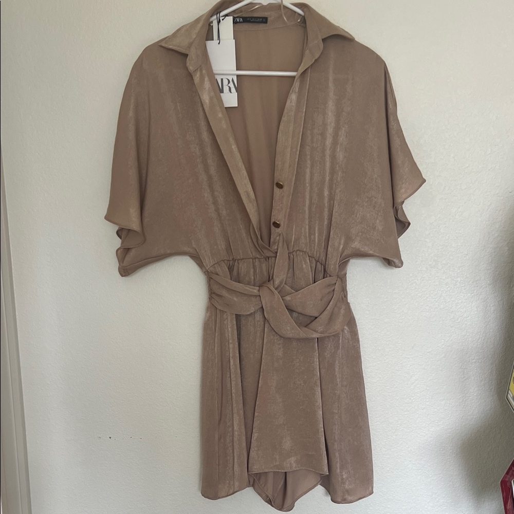 Zara Beige Short-Sleeve Jumpsuit